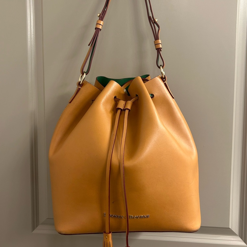 Dooney & Bourke Tan Leather Shoulder Bag with Drawstring Closure